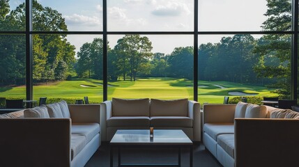 Fototapeta premium Serene Golf Course View from Luxurious Lounge