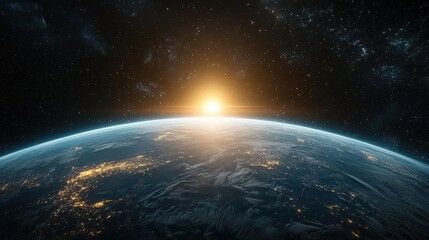 Obraz premium Sunrise over Earth with a starry backdrop in space.