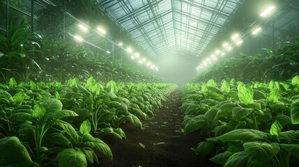 Greenhouse filled with lush plants under artificial lighting.