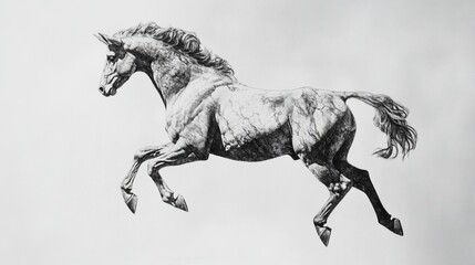 Majestic, grayscale horse leaping gracefully. Muscular build, flowing mane, powerful action pose captured in detail