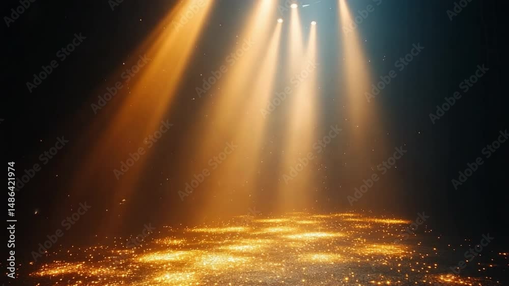 Poster spotlight and shadow: a dramatic composition of light and shadow, featuring beams of golden light pi