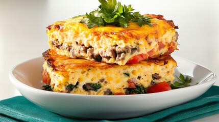 Stacked breakfast casseroles on a white plate are garnished with parsley, showing ingredients like sausage, eggs, and tomatoes.