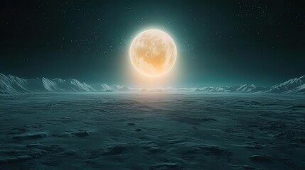 Surreal moonrise over an ocean with distant mountains.