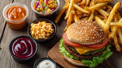 A rustic flat lay of fresh veggie burgers loaded fries and colorful condiments from Burger Haven overlay cut out on isolated transparent removed background
