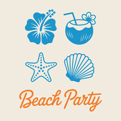 Summer Beach Party Vector Icons - Hibiscus, Coconut Drink, Starfish, Shell