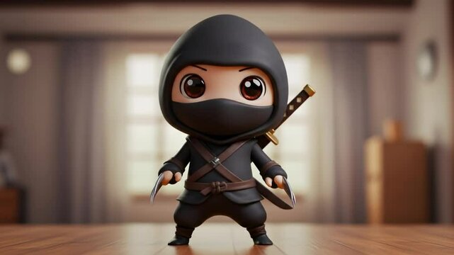Adorable digital ninja figure on wooden surface