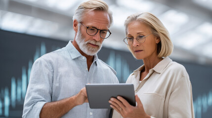 Senior couple intently reviewing tablet, with charts blurred in background