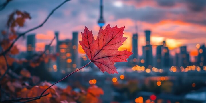 Autumnal Cityscape: A Red Maple Leaf Silhouette Against Toronto's Skyline at Sunset