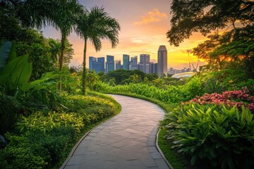 Fototapeta premium Serene Sunset Stroll: Cityscape and Garden Harmony