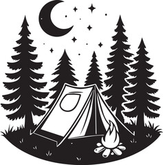 Obraz premium Night Camping Scene with Tent Campfire and Pine Trees Under the Crescent Moon