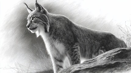 Majestic lynx in grayscale, poised on a rock, gazing intently. A wild cat illustration with fur details