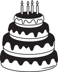 Three Layered Birthday Cake with Four Candles Black and White Illustration