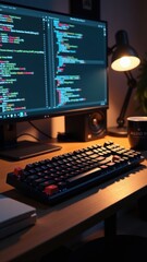 A dimly lit workspace features a desktop computer running code, paired with a mechanical keyboard and a warm desk lamp