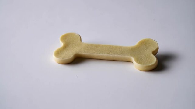 Ivory colored dog bone shaped chew toy made of pressed rawhide on a white surface. Close-up shot of pet treat.