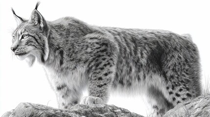 Majestic lynx stands, poised, against white. Monochromatic, detail on fur, alert gaze