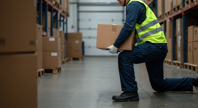 Warehouse worker kneeling to lift cardboard box using proper technique. Workplace safety and ergonomic lifting. Manual material handling and back injury prevention. Occupational health guidelines