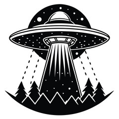 Black and White UFO over Forest, Alien Spaceship with Beam of Light Icon