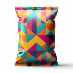 Colorful geometric pattern on a realistic product package mockup against a white background