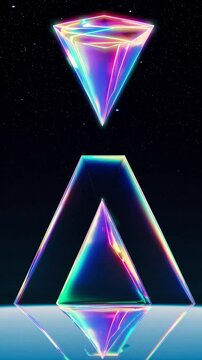 Pyramides holographiques brillantes en l&eacute;vitation sur fond &eacute;toil&eacute;

