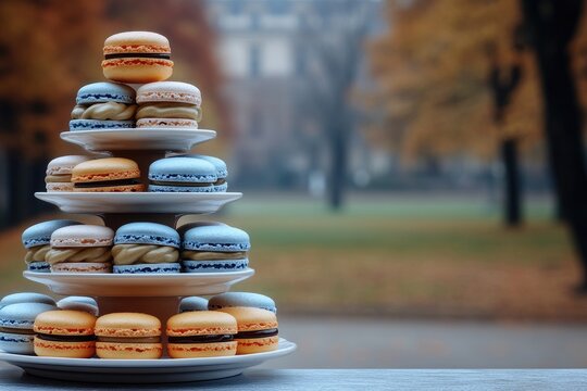 Colorful macarons arranged on tiered dessert stand.