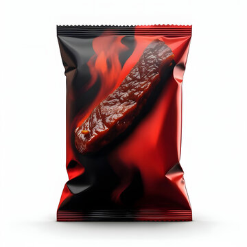 Appetizing beef jerky packaging displayed on a red and black abstract background