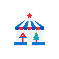 Christmas market icon with festive stall and decorations on white background for holiday celebration
