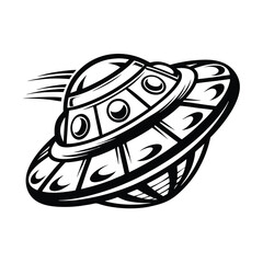Monochromatic UFO Flying, Alien Spaceship Silhouette, Line Art Illustration, Space Travel