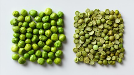 Fresh peas, whole and shelled, arranged on a light background