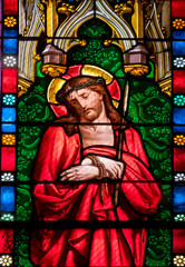 Stained glass (19th century) of the Passion of Jesus: Christ in contempt or Derision of Christ.