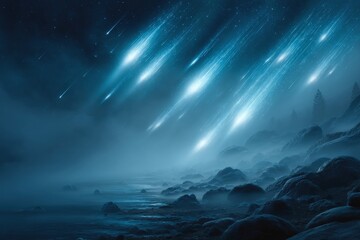 Naklejka premium Cosmic event featuring multiple shooting stars illuminating a calm shoreline at night