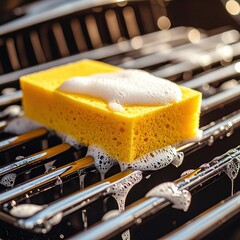 Yellow sponge with soap suds on metal grill in sunlight
