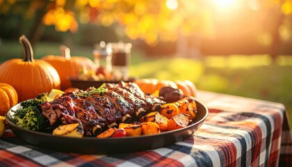 Autumn bbq feast with grilled meat and vegetables on checkered tablecloth in sunlit garden
