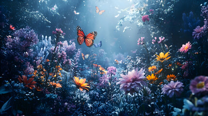 A butterfly garden filled with vibrant flowers, soft sunlight, and butterflies fluttering everywhere