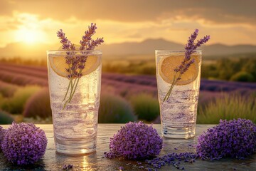 Two refreshing drinks adorned with lavender and citrus slices, set amidst a lavender field at sunset.