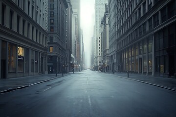 Fototapeta premium Empty European city street captured in one-point perspective, with realistic photography highlighting the quiet ambiance