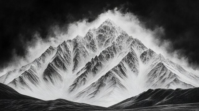 Majestic snow-capped mountain peak, dramatic clouds
