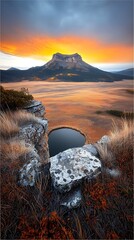 Majestic sunrise paints the mountains. A pond rests between rocks, below vibrant sky