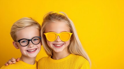 Obraz premium Two smiling children wear matching yellow sweaters while posing in front of a solid yellow backdrop and eyewear.