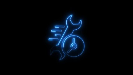 Neon wrench and clock icon illustrating technical support and time efficiency