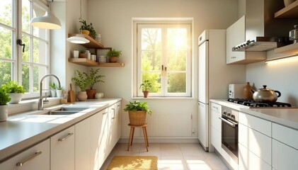 Bright sunlight streams into a sparkling clean kitchen, polish, clean