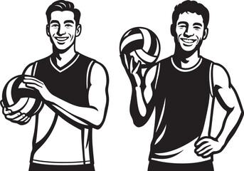 Two male volleyball players holding ball and smiling – black and white vector illustration