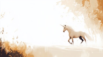 Majestic unicorn gallops through a sunlit forest, painted in warm, earthy tones