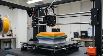 Precision Manufacturing: Close-up of a 3D Printer Constructing a Multi-Colored Object