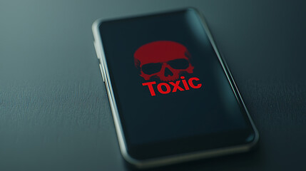Warning message on a smartphone with skull graphic. Signifies a toxic or dangerous online content or situation. Security concerns concept.