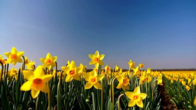 Abundant daffodils bloom in field under clear sky, sunny floral landscape with vibrant yellow flowers, fresh petals and green stems in spring season