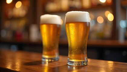 Two glasses of beer on a wooden bar counter with a blurred background