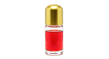 Small glass roll-on perfume bottle with gold cap containing red liquid on white background