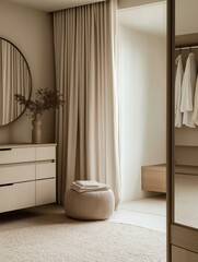 Modern and minimalist bedroom with a large round mirror on the wall above a white dresser. the dresser has multiple drawers and a vase with dried branches on top.