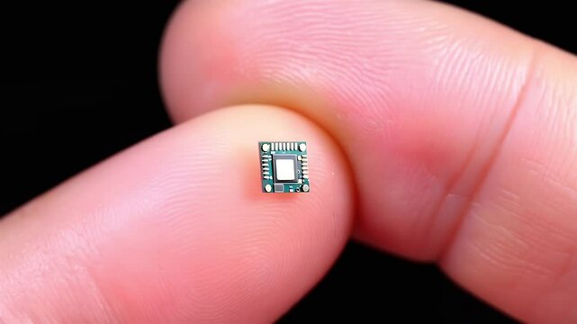 Tiny Microchip Balanced on Human Finger Against Black Background