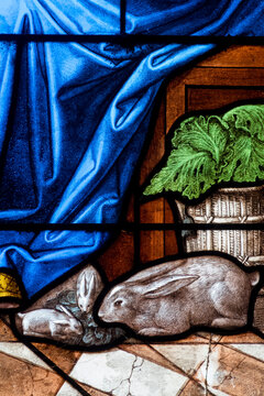 Stained glass (19th century) of rabbits. The rabbit symbolizes fertility and became linked to Easter and resurrection.
